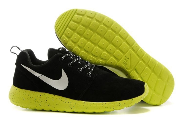 Running weapon Cheapest Roshe Run Men's Shoes Suede Splash-ink Black/Green-ID2210