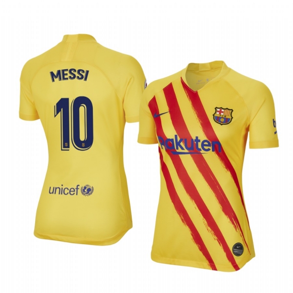 Women's Lionel Messi Barcelona Fourth Yellow Short Sleeve Jersey