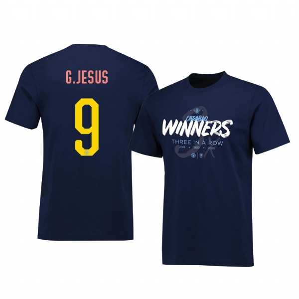 Gabriel Jesus Manchester City Carabao Cup Navy Three In A Row Winners T-shirt