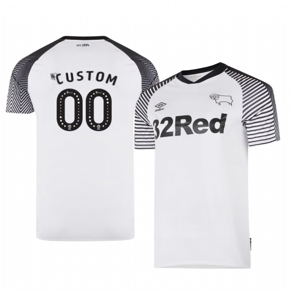 Custom Derby County 19-20 Home Men's White Official Short Sleeve Jersey