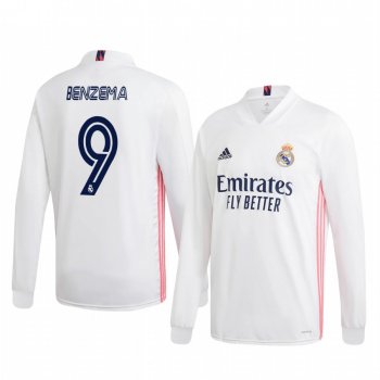 Karim Benzema Real Madrid 2020-21 Home Men's White Long Sleeve Jersey