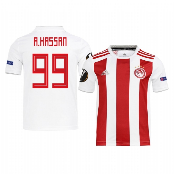 Youth Ahmed Hassan Olympiacos Piraeus UEFA Europa League Home White Short Sleeve Jersey