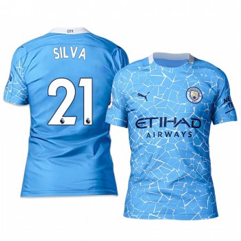 Manchester City David Silva Men's Blue Home Short Sleeve Jersey 2020-21