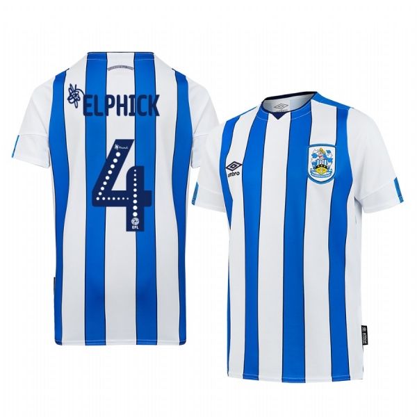 Huddersfield Town Tommy Elphick 19-20 Home Men's White Blue Short Sleeve Jersey