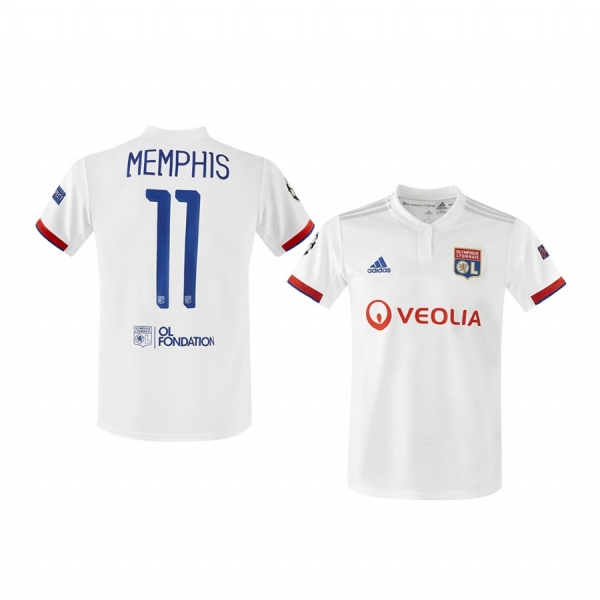 Youth Memphis Depay Olympique Lyonnais 2020 UEFA Champion League Home White Short Sleeve Jersey