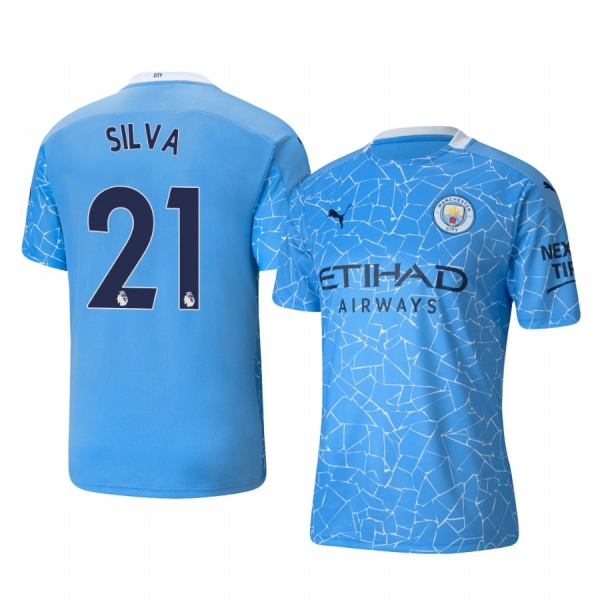 David Silva Manchester City 2020-21 Home Replica Short Sleeve Blue Jersey