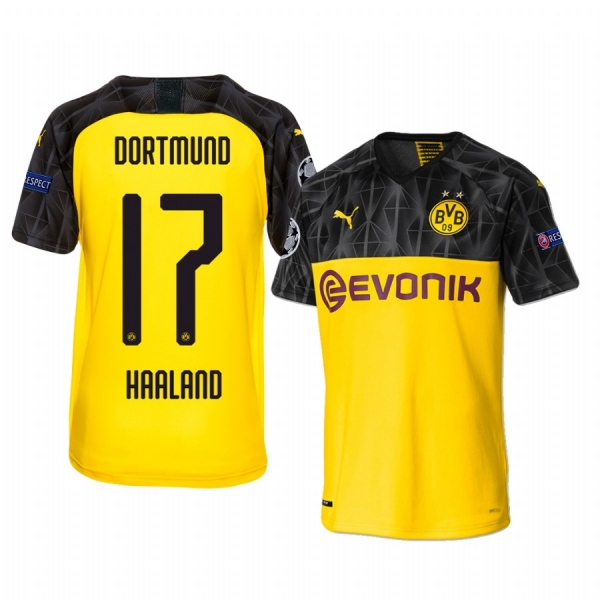 Erling Haaland Borussia Dortmund 2020 UEFA Champion League Home Men's Black Yellow Short Sleeve Jersey