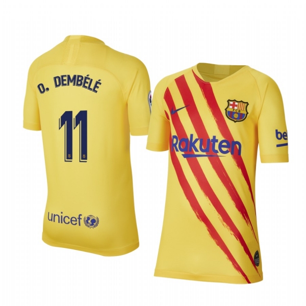 Youth Ousmane Dembele Barcelona Fourth Yellow Short Sleeve Jersey