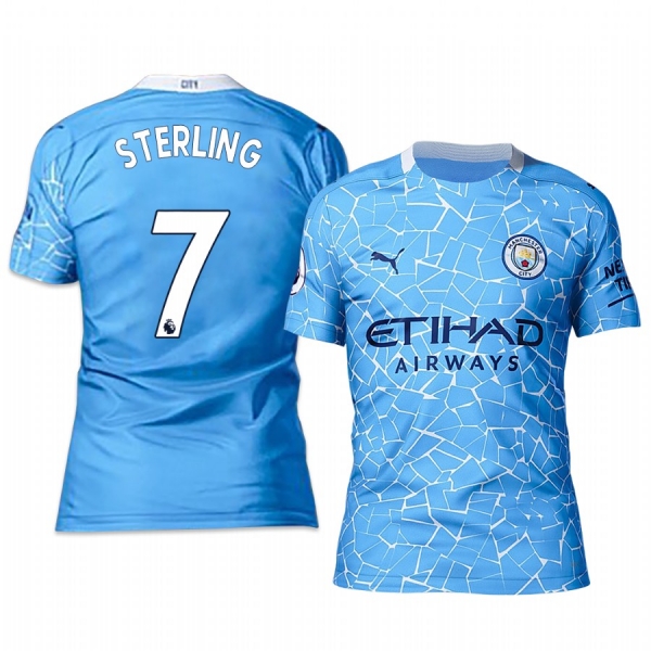 Manchester City Raheem Sterling Men's Blue Home Short Sleeve Jersey 2020-21