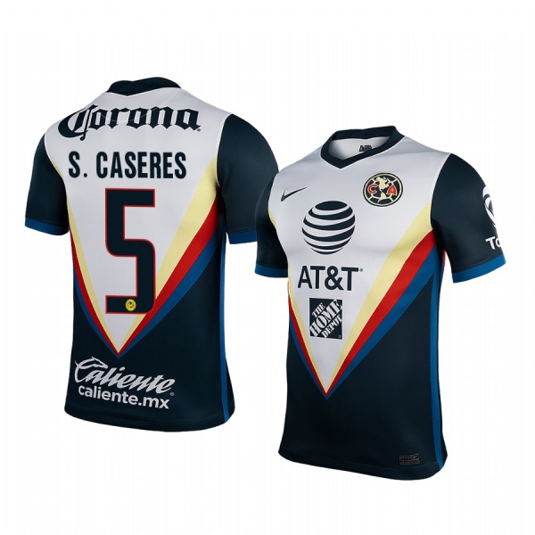 Club America Santiago Caseres Men's White Navy Away Short Sleeve Jersey 2020-21