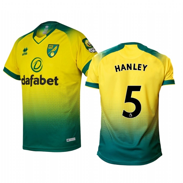 Grant Hanley Norwich City 19-20 Home Men's Yellow Green Official Short Sleeve Jersey