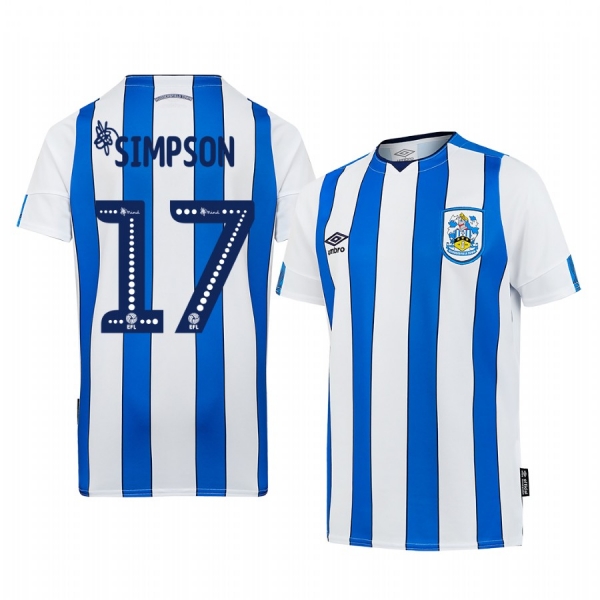 Huddersfield Town Danny Simpson 19-20 Home Men's White Blue Short Sleeve Jersey