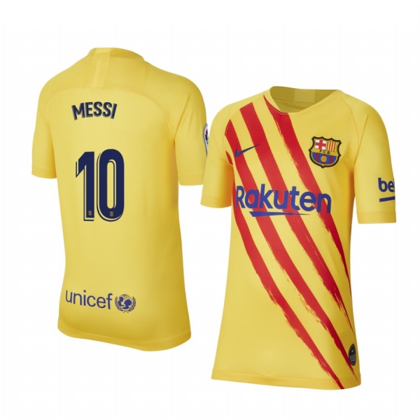 Youth Lionel Messi Barcelona Fourth Yellow Short Sleeve Jersey