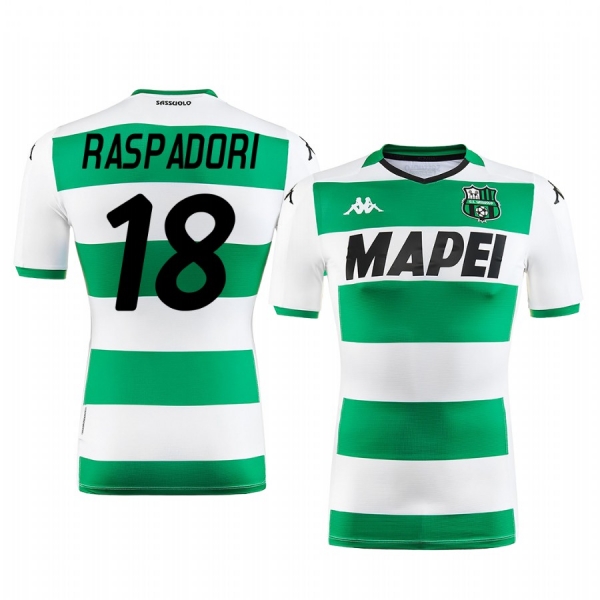 Giacomo Raspadori U.S. Sassuolo Calcio 2019-20 White Green Away Men's Short Sleeve Jersey