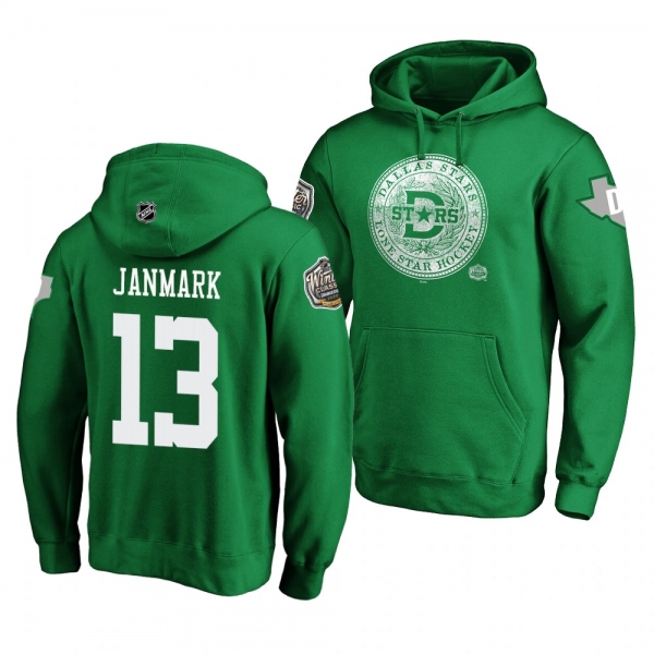 #13 Mattias Janmark Dallas Stars 2020 Winter Classic Kelly Green Hometown Medallion Pullover Hoodie