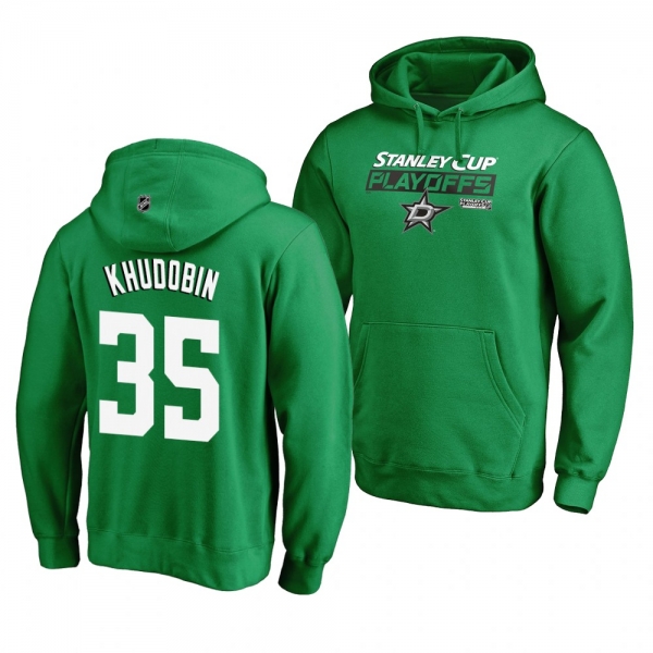 2019 Stanley Cup Playoffs Stars #35 Anton Khudobin Bound Body Checking Pullover Kelly Green Hoodie