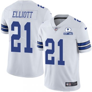 Nike Cowboys #21 Ezekiel Elliott White Men's Stitched With Established In 1960 Patch NFL Vapor Untouchable Limited Jersey