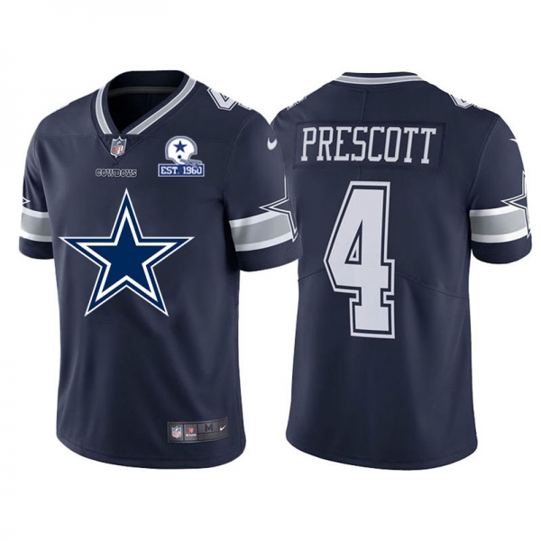 Dallas Cowboys #4 Dak Prescott Navy Blue Men's Nike Big Team Logo With Established In 1960 Patch Vapor Limited NFL Jersey