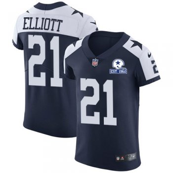 Nike Cowboys #21 Ezekiel Elliott Navy Blue Thanksgiving Men's Stitched With Established In 1960 Patch NFL Vapor Untouchable Throwback Elite Jersey