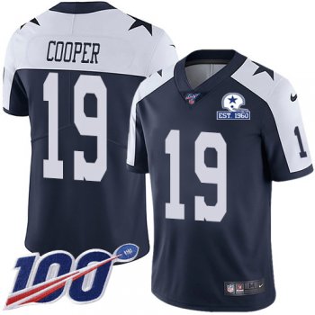 Nike Cowboys #19 Amari Cooper Navy Blue Thanksgiving Men's Stitched With Established In 1960 Patch NFL 100th Season Vapor Untouchable Limited Throwback Jersey