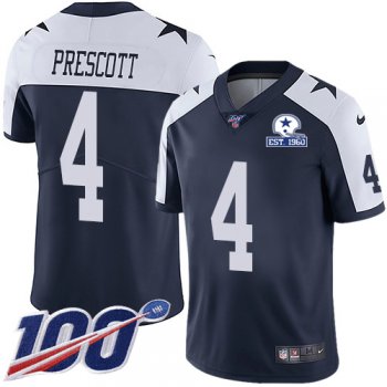 Nike Cowboys #4 Dak Prescott Navy Blue Thanksgiving Men's Stitched With Established In 1960 Patch NFL 100th Season Vapor Untouchable Limited Throwback Jersey