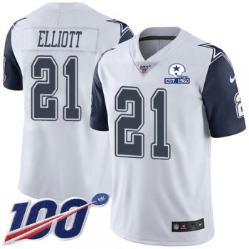 Nike Cowboys #21 Ezekiel Elliott White Men's Stitched With Established In 1960 Patch NFL Limited Rush 100th Season Jersey