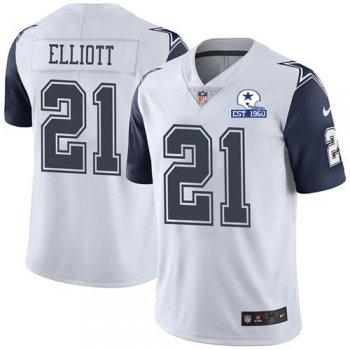 Nike Cowboys #21 Ezekiel Elliott White Men's Stitched With Established In 1960 Patch NFL Limited Rush Jersey