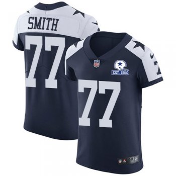 Nike Cowboys #77 Tyron Smith Navy Blue Thanksgiving Men's Stitched With Established In 1960 Patch NFL Vapor Untouchable Throwback Elite Jersey