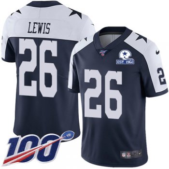 Nike Cowboys #26 Jourdan Lewis Navy Blue Thanksgiving Men's Stitched With Established In 1960 Patch NFL 100th Season Vapor Untouchable Limited Throwback Jersey