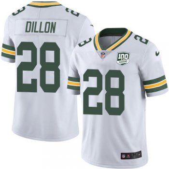 Youth Nike Packers #28 AJ Dillon White 100th Season Stitched NFL Vapor Untouchable Limited Jersey