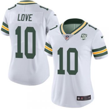 Women's Nike Packers #10 Jordan Love White 100th Season Stitched NFL Vapor Untouchable Limited Jersey