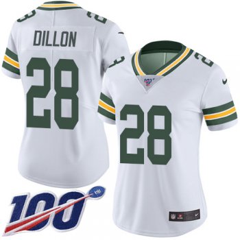 Women's Nike Packers #28 AJ Dillon White Stitched NFL 100th Season Vapor Untouchable Limited Jersey