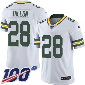 Youth Nike Packers #28 AJ Dillon White Stitched NFL 100th Season Vapor Untouchable Limited Jersey