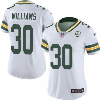 Women's Nike Packers #30 Jamaal Williams White 100th Season Stitched NFL Vapor Untouchable Limited Jersey