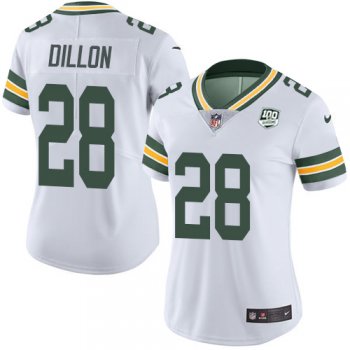 Women's Nike Packers #28 AJ Dillon White 100th Season Stitched NFL Vapor Untouchable Limited Jersey