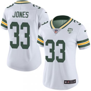 Women's Nike Packers #33 Aaron Jones White 100th Season Stitched NFL Vapor Untouchable Limited Jersey