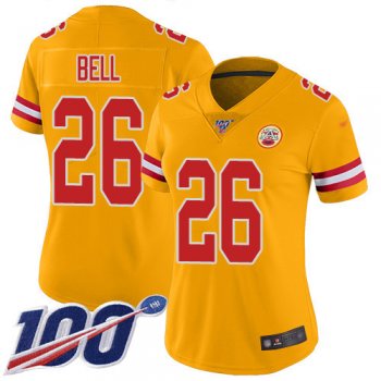 Women's Nike Chiefs #26 Le'Veon Bell Gold Stitched NFL Limited Inverted Legend 100th Season Jersey