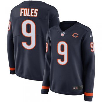 Women's Nike Bears #9 Nick Foles Navy Blue Team Color Stitched NFL Limited Therma Long Sleeve Jersey