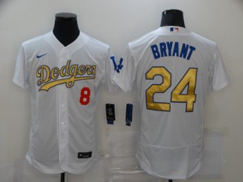 Men's Los Angeles Dodgers #8 #24 Kobe Bryant White Gold Sttiched Nike MLB Flex Base Jersey