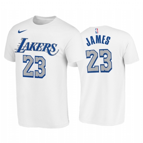 LeBron James 2020-21 Lakers #23 City Edition White T-Shirt New Blue Silver Logo