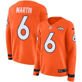 Women's Nike Broncos #6 Sam Martin Orange Team Color Stitched NFL Limited Therma Long Sleeve Jersey