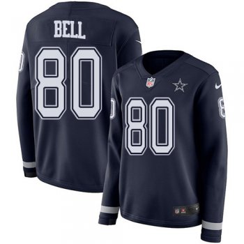 Women's Nike Cowboys #80 Blake Bell Navy Blue Team Color Stitched NFL Limited Therma Long Sleeve Jersey