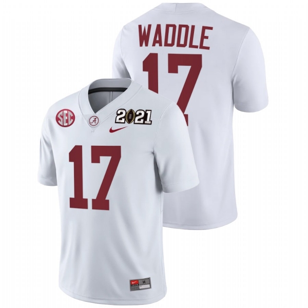 Men Alabama Crimson Tide Jaylen Waddle White 2021 Rose Bowl Champions College Football Playoff Away Jersey