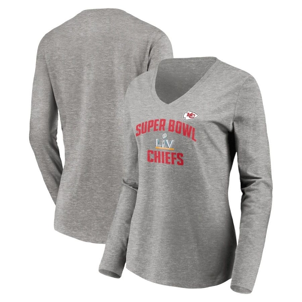 Women's Kansas City Chiefs Fanatics Branded Steel Super Bowl LV Bound Replay Long Sleeve V-Neck T-Shirt