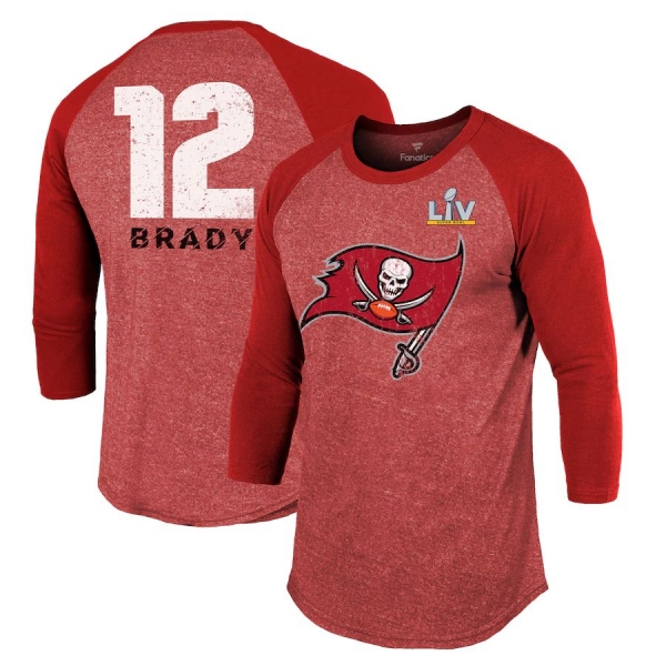 Men's Tampa Bay Buccaneers Tom Brady Fanatics Branded Red Super Bowl LV Bound Name & Number Raglan 3/4-Sleeve T-Shirt