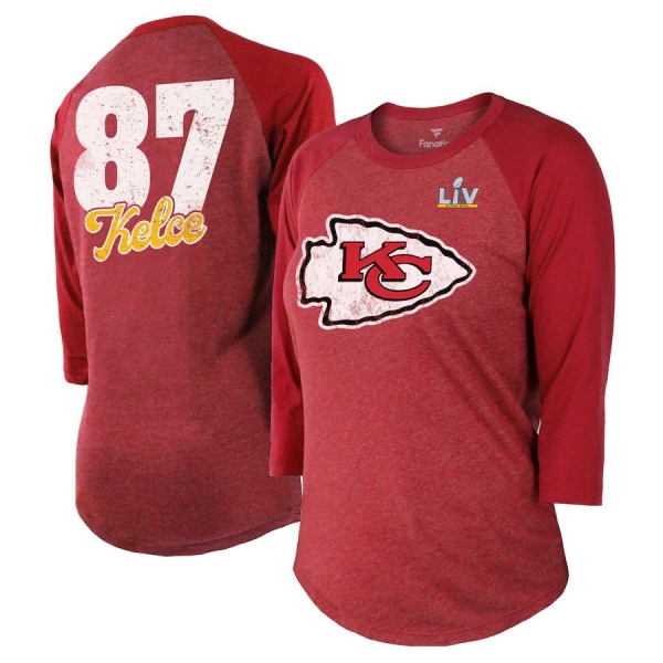 Women's Kansas City Chiefs Travis Kelce Fanatics Branded Red Super Bowl LV Bound Name & Number Raglan 3/4-Sleeve T-Shirt