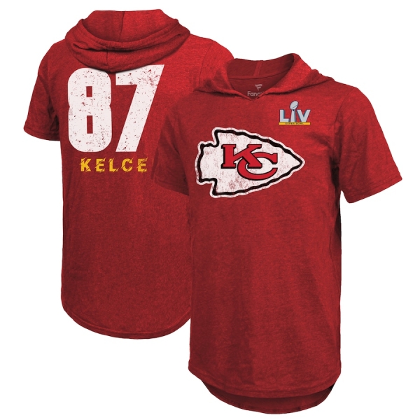 Men's Kansas City Chiefs Travis Kelce Fanatics Branded Red Super Bowl LV Bound Name & Number Short Sleeve Hoodie T-Shirt