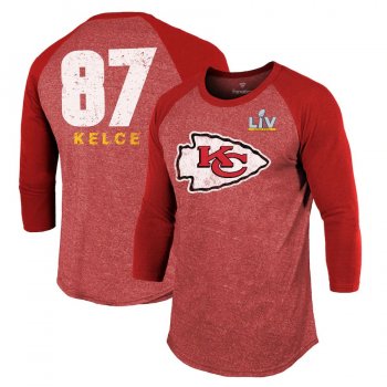 Men's Kansas City Chiefs Travis Kelce Fanatics Branded Red Super Bowl LV Bound Name & Number Raglan 3/4-Sleeve T-Shirt