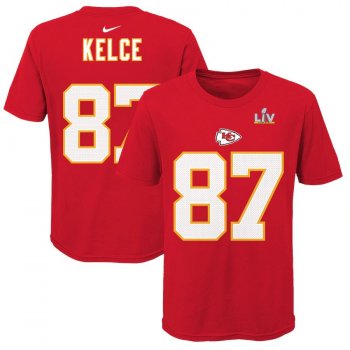 Youth Kansas City Chiefs Travis Kelce Nike Red Super Bowl LV Bound Name & Number T-Shirt