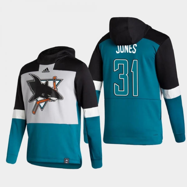 Men's San Jose Sharks Martin Jones #31 2021 Reverse Retro Authentic Pullover Special Edition Teal Hoodie